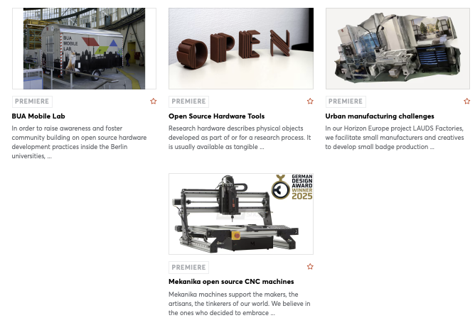 We present 4 products at the Messe: the BUA mobile lab, OSH tools(documentation template and review system), urban manufacturingchallenges (lauds factories), and the Mekanika open source CNCmachine